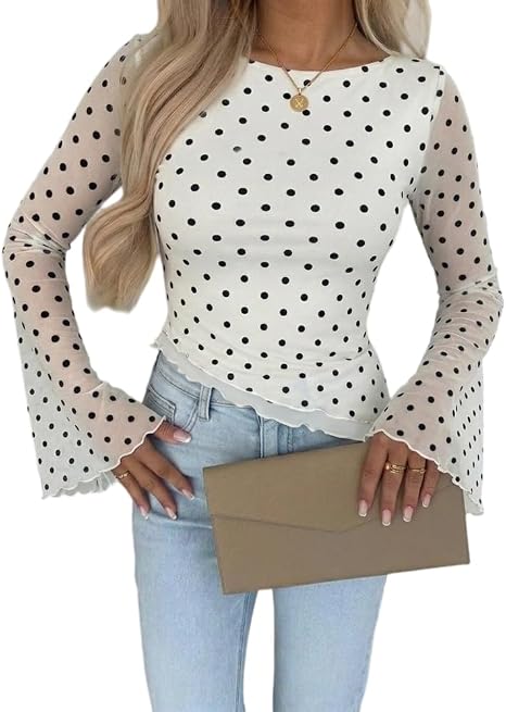 ChicMe Couture Womens Bell Sleeve Polka Dot Mesh Top Coffee Small
