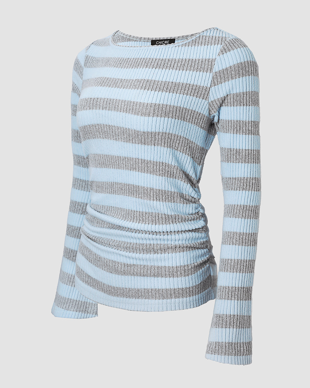 ChicMe Couture Women's Striped Brushed Ribbed Bell Sleeve Boat Neck Top