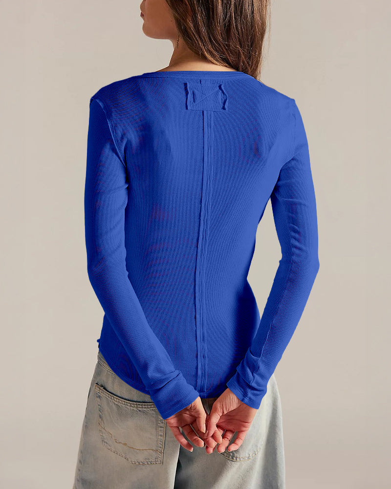 ChicMe Couture Women's Henley Long Sleeve Shirts Ribbed Button V Neck Top