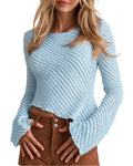ChicMe Couture Women's Textured Boat Neck Flare Sleeve Asymmetrical Crop Top