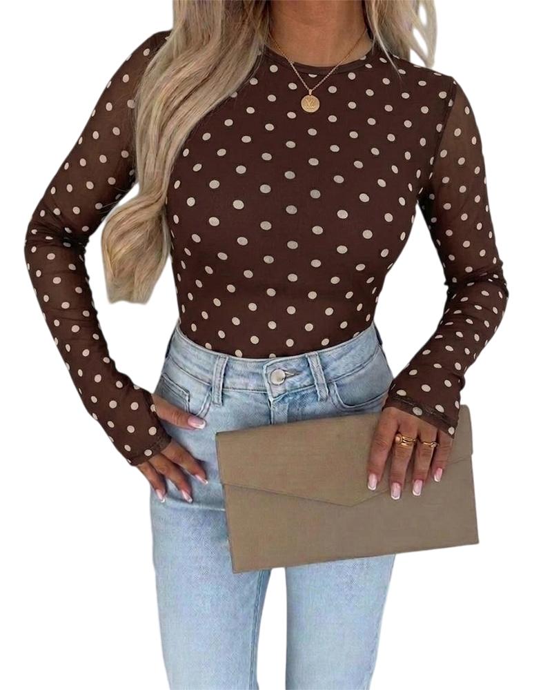 ChicMe Couture Women's Polka Dot Mesh Long Sleeve Top