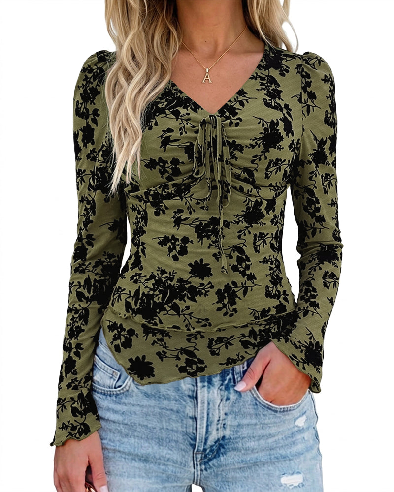 ChicMe Couture Women's Bell Sleeve Flocked Floral Mesh Top Lined Blouse Coffee Small