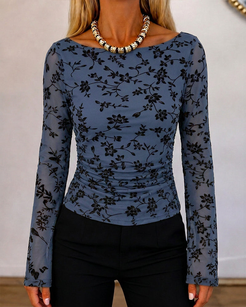 ChicMe Couture Women's Bell Sleeve Floral Mesh Top