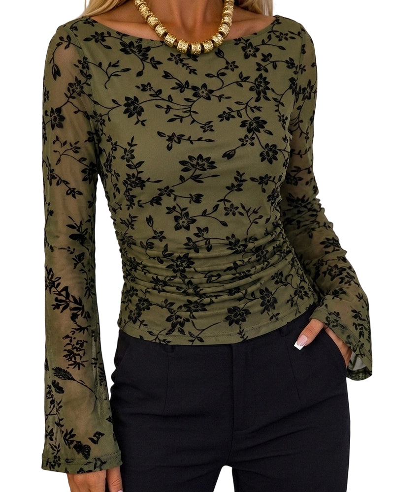 ChicMe Couture Women's Bell Sleeve Floral Mesh Top