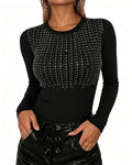ChicMe Couture Women's Rhinestone Ribbed Knit Top Long Sleeve Shirt
