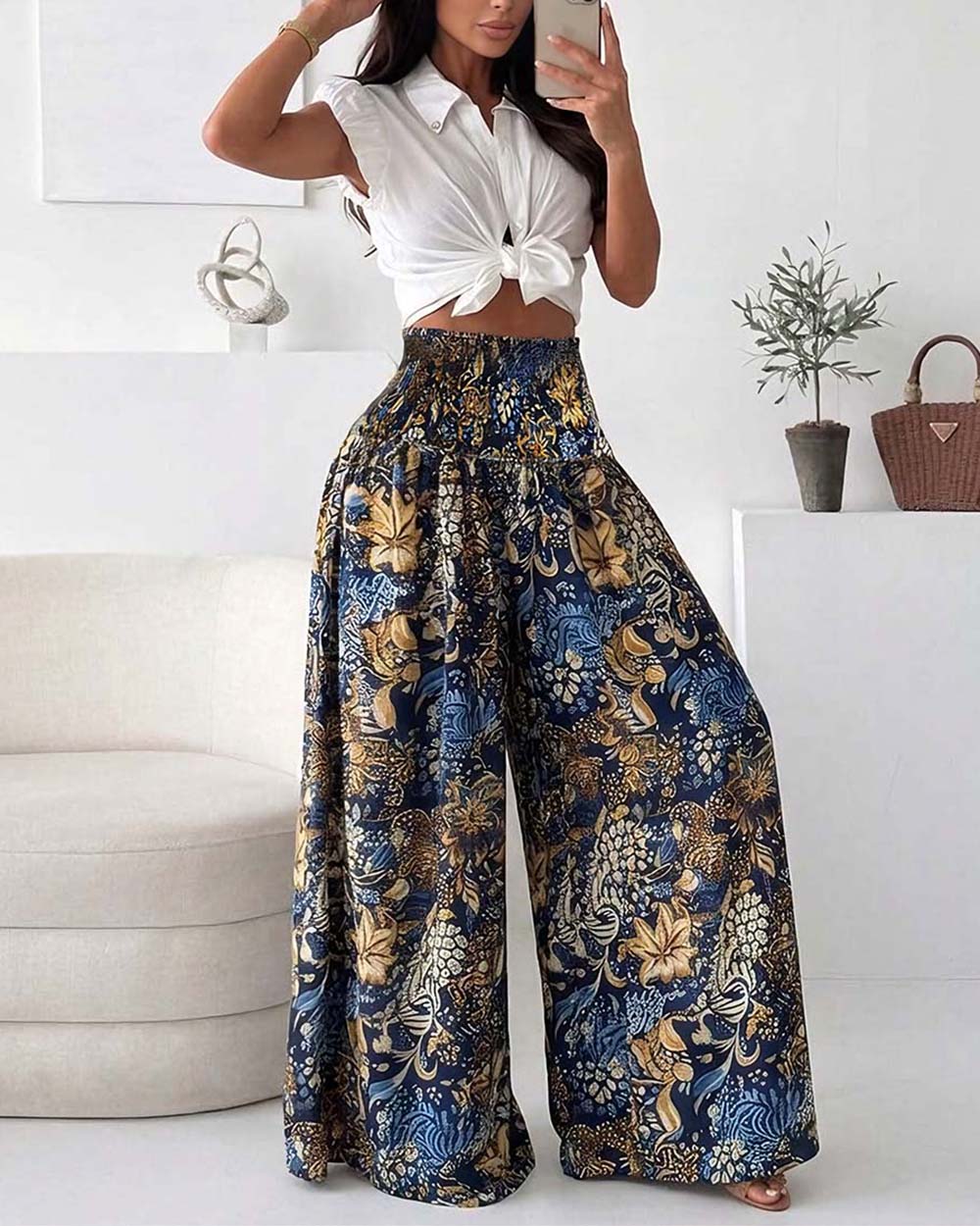 ChicMe Couture Women's Vintage Boho Maxi Skirts Floral Print Shirred Elastic High Waist Wide Leg Pants for Vacation Beach-bl-M Blue