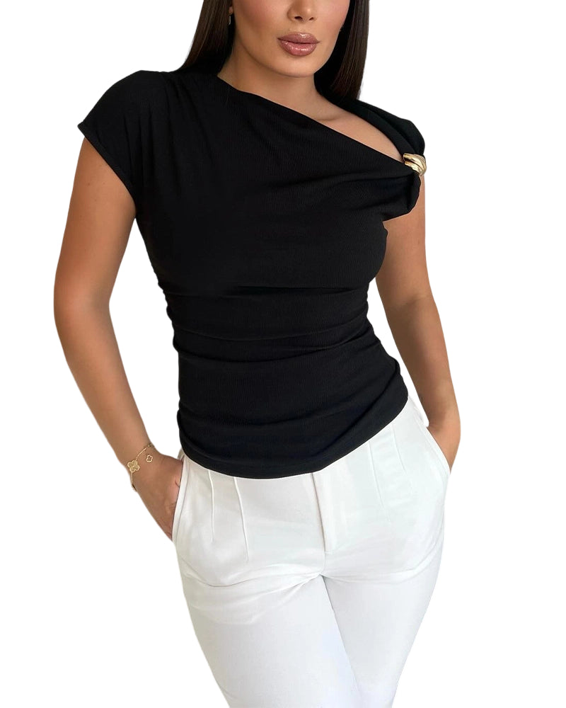 ChicMe Couture Womens Summer Skew Neck Tops Going Out Fitting T Shirts Short Sleeve Ruched Asymmetrical Blouses