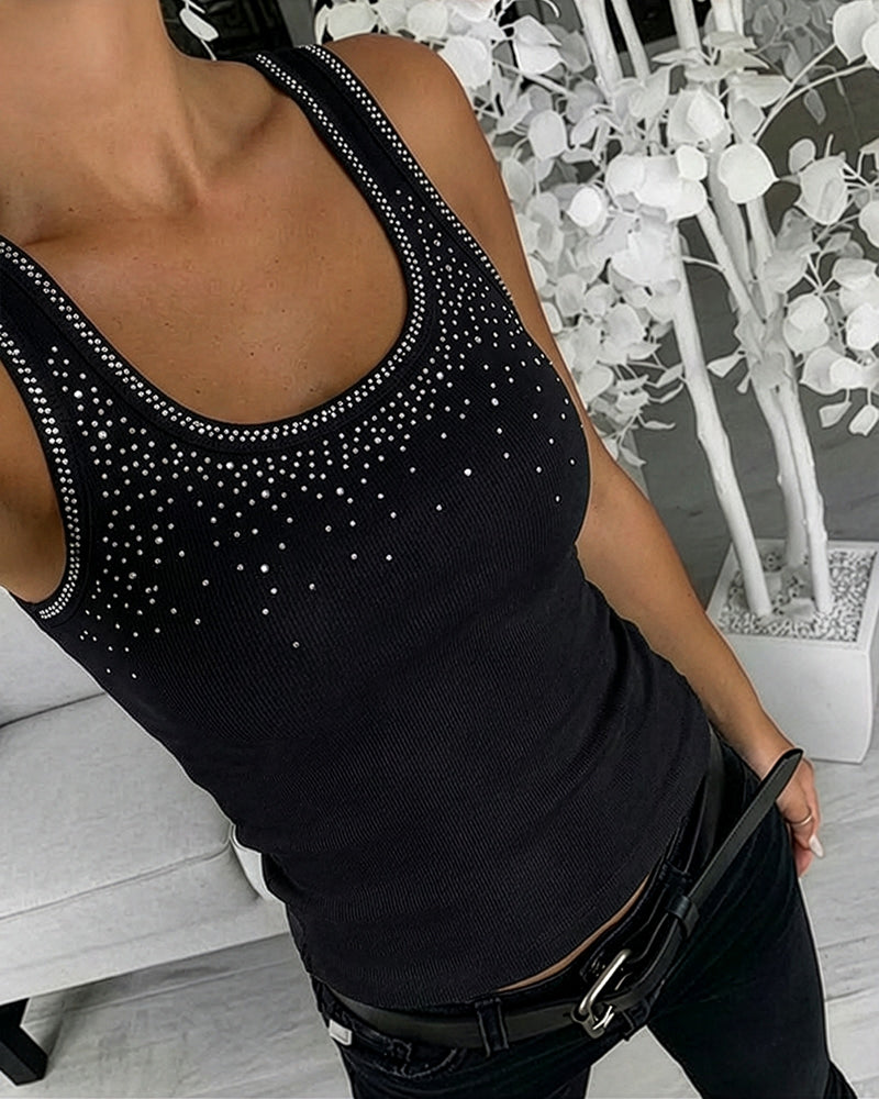 ChicMe Couture Womens Rhinestone Tank Top Fitted Ribbed Shirt Sparkly Rhinestone Ribbed Tank for Women, Flattering U Neck, Comfort Slim Fit Sleeveless Top for Casual & Going Out