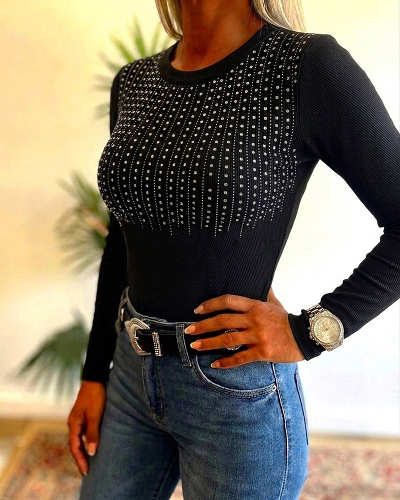ChicMe Couture Women's Rhinestone Ribbed Knit Top Long Sleeve Shirt