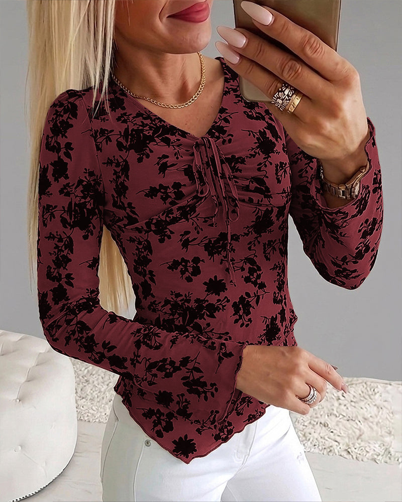 ChicMe Couture Women's Bell Sleeve Flocked Floral Mesh Top Lined Blouse Coffee Small