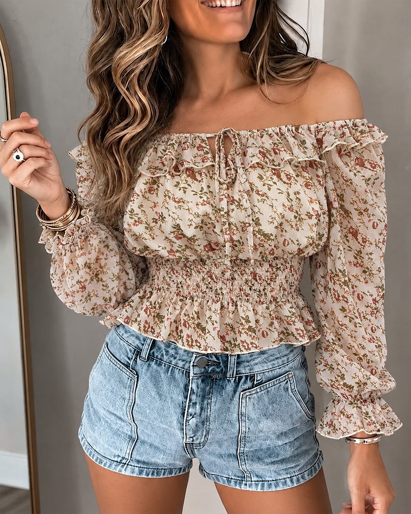 ChicMe Couture Womens Off Shoulder Ditsy Floral Chiffon Blouse