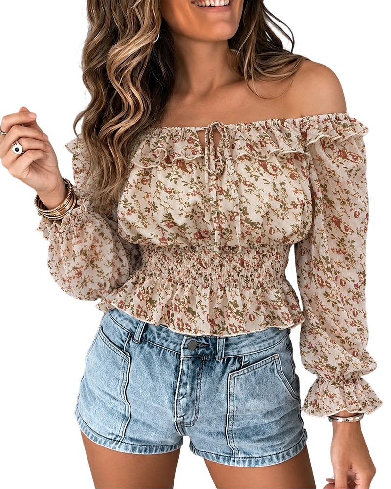 ChicMe Couture Womens Off Shoulder Ditsy Floral Chiffon Blouse