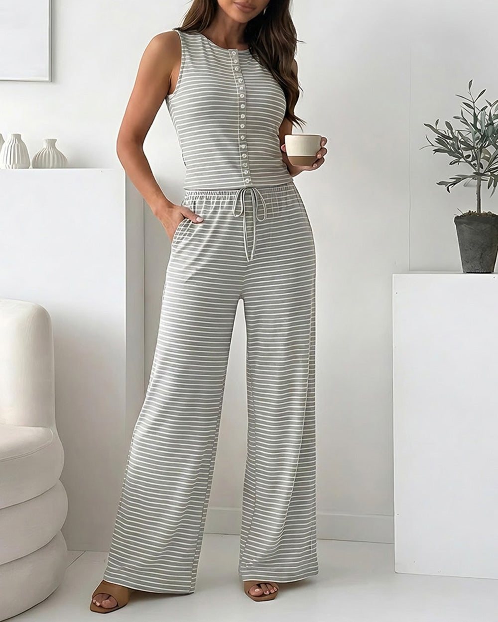 ChicMe Couture Lounge Sets For Women 2 Piece Striped Knit Pajama Set Red Bean Large