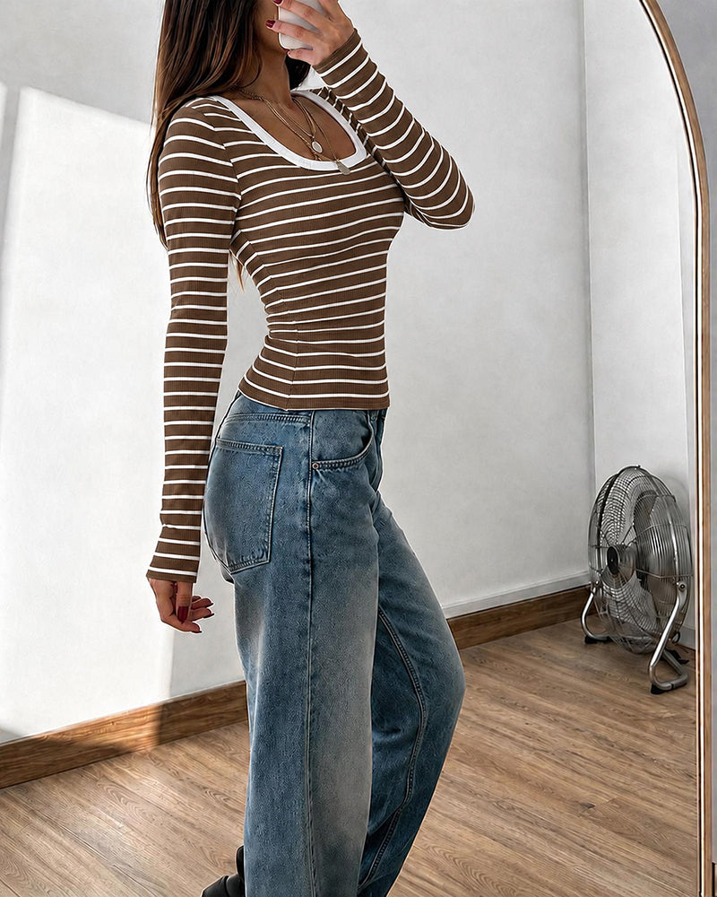 ChicMe Couture Women's Striped Long Sleeve U Neck Basic Tops