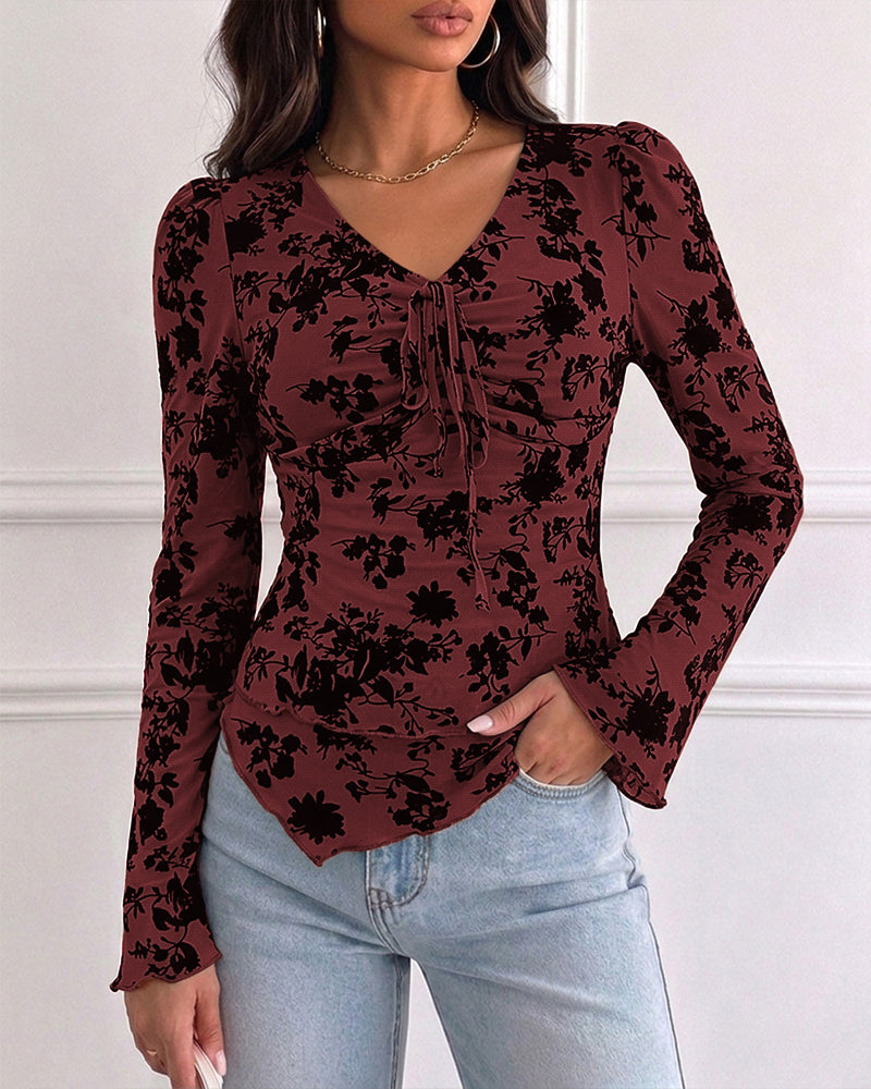 ChicMe Couture Women's Bell Sleeve Flocked Floral Mesh Top Lined Blouse Coffee Small