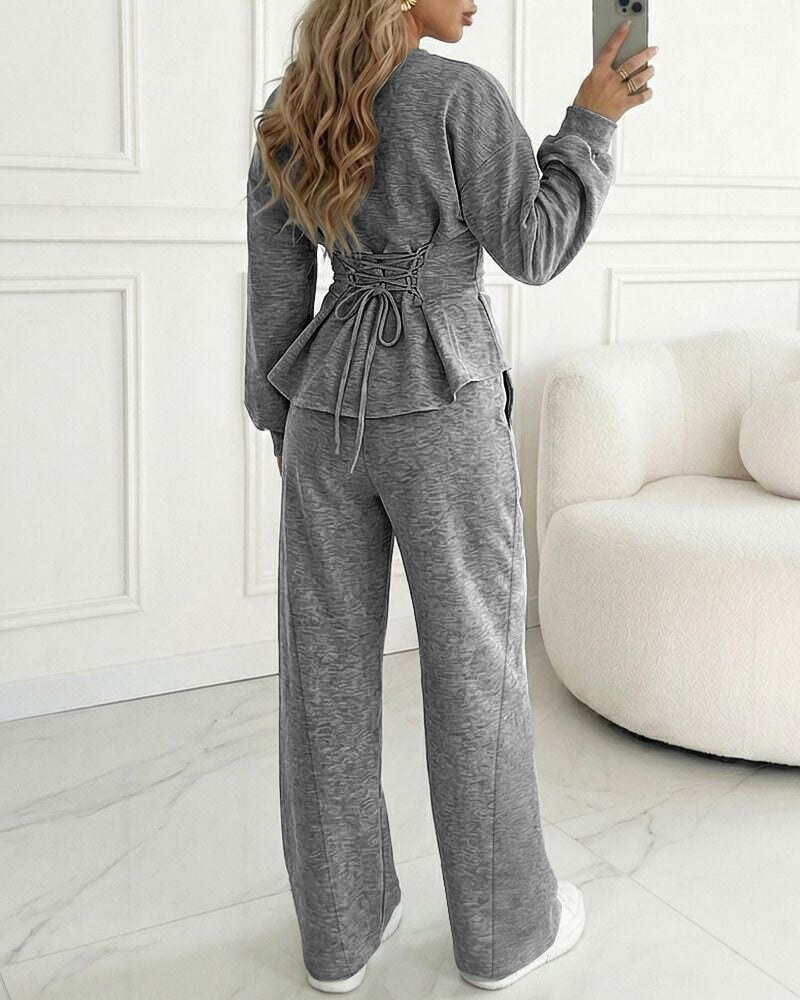 ChicMe Couture Women's 2 Piece Sweatsuit Set Long Sleeve Back Lace Up Pullover and High Waist Wide Leg Pants Lounge Tracksuit with Pockets