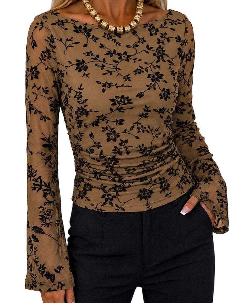 ChicMe Couture Women's Bell Sleeve Floral Mesh Top