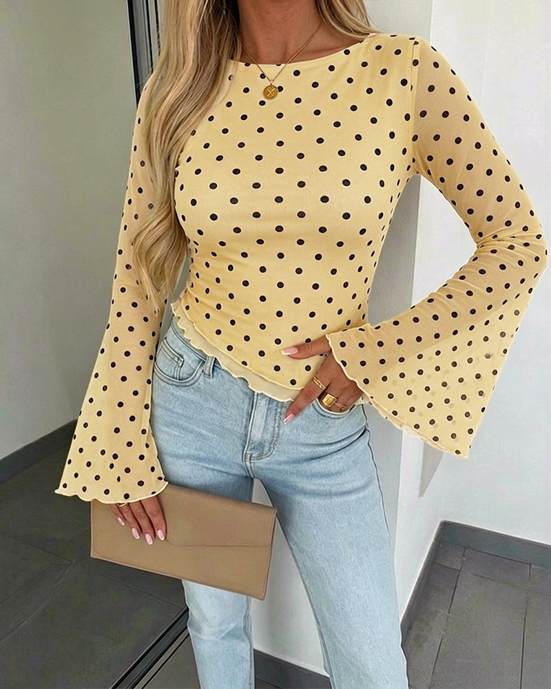 ChicMe Couture Womens Bell Sleeve Polka Dot Mesh Top Coffee Small