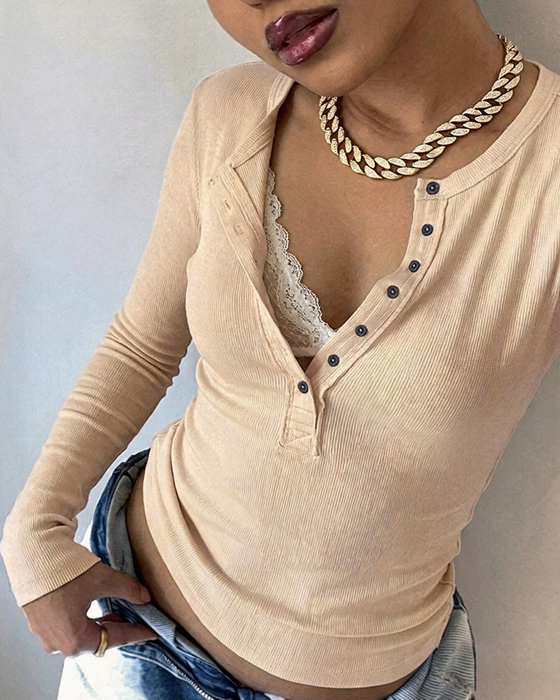 ChicMe Couture Women's Henley Long Sleeve Shirts Ribbed Button V Neck Top