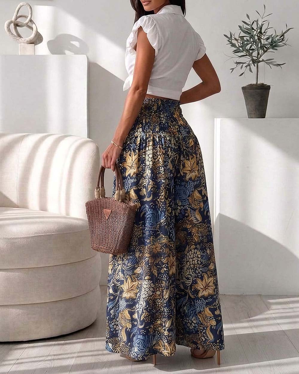 ChicMe Couture Women's Vintage Boho Maxi Skirts Floral Print Shirred Elastic High Waist Wide Leg Pants for Vacation Beach-bl-M Blue