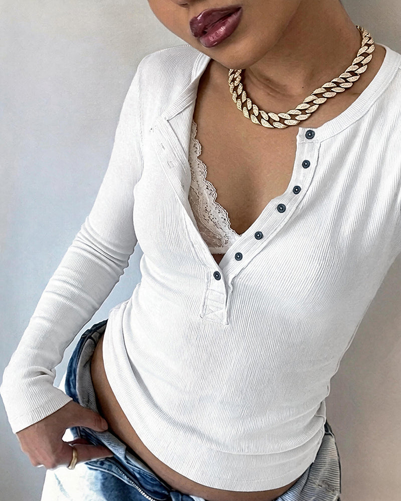 ChicMe Couture Women's Henley Long Sleeve Shirts Ribbed Button V Neck Top