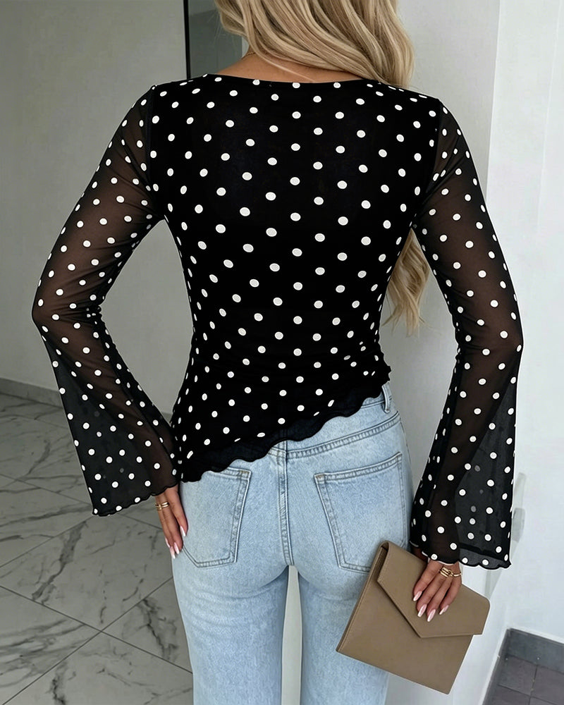 ChicMe Couture Womens Bell Sleeve Polka Dot Mesh Top Coffee Small
