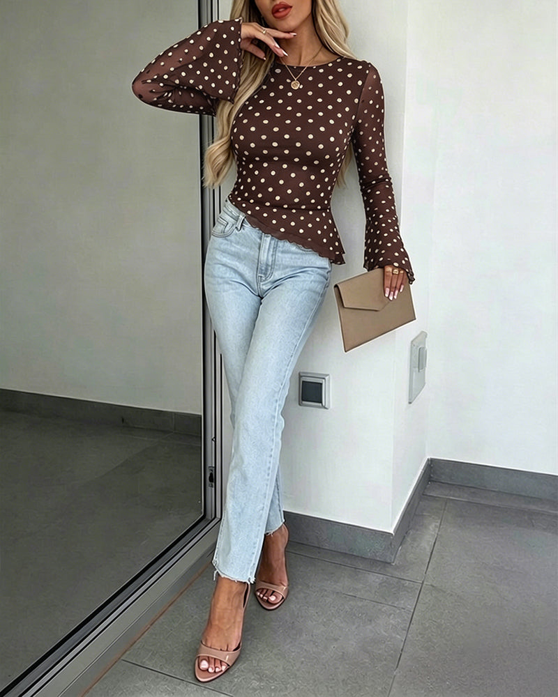 ChicMe Couture Womens Bell Sleeve Polka Dot Mesh Top Coffee Small