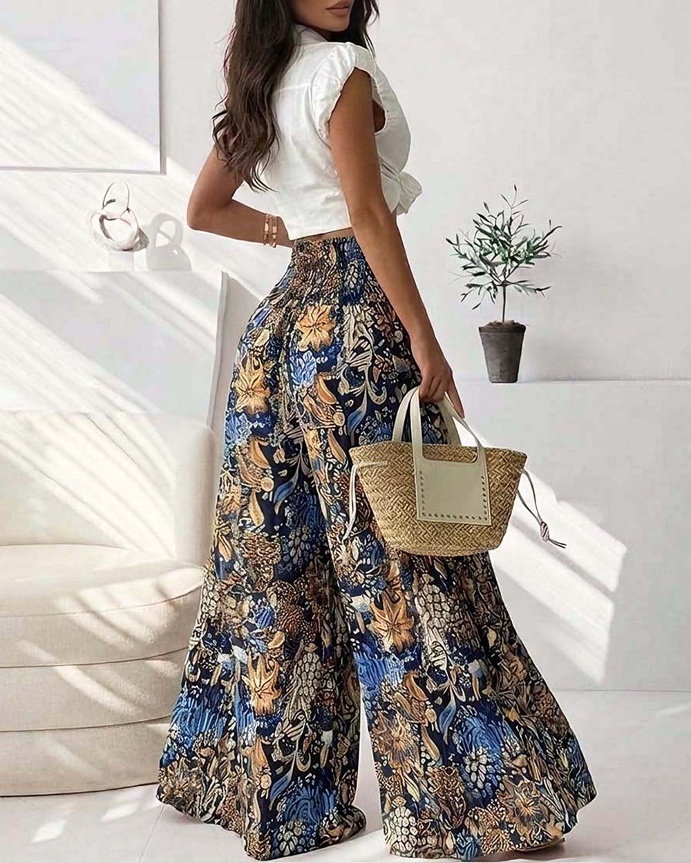 ChicMe Couture Women's Vintage Boho Maxi Skirts Floral Print Shirred Elastic High Waist Wide Leg Pants for Vacation Beach-bl-M Blue