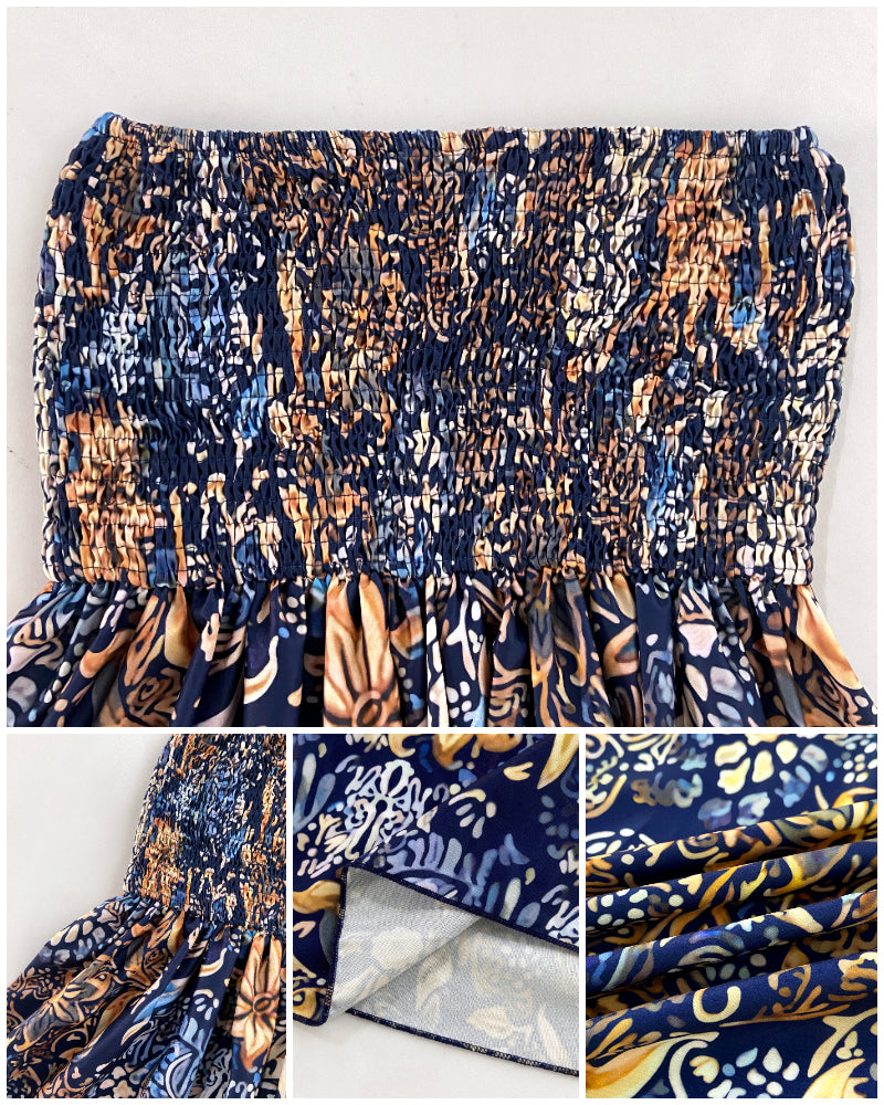 ChicMe Couture Women's Vintage Boho Maxi Skirts Floral Print Shirred Elastic High Waist Wide Leg Pants for Vacation Beach-bl-M Blue