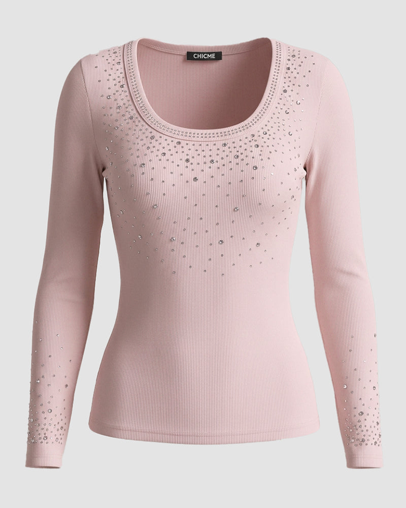 ChicMe Couture Women's Rhinestone Long Sleeve Top Khaki Medium