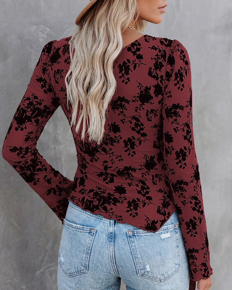 ChicMe Couture Women's Bell Sleeve Flocked Floral Mesh Top Lined Blouse Coffee Small