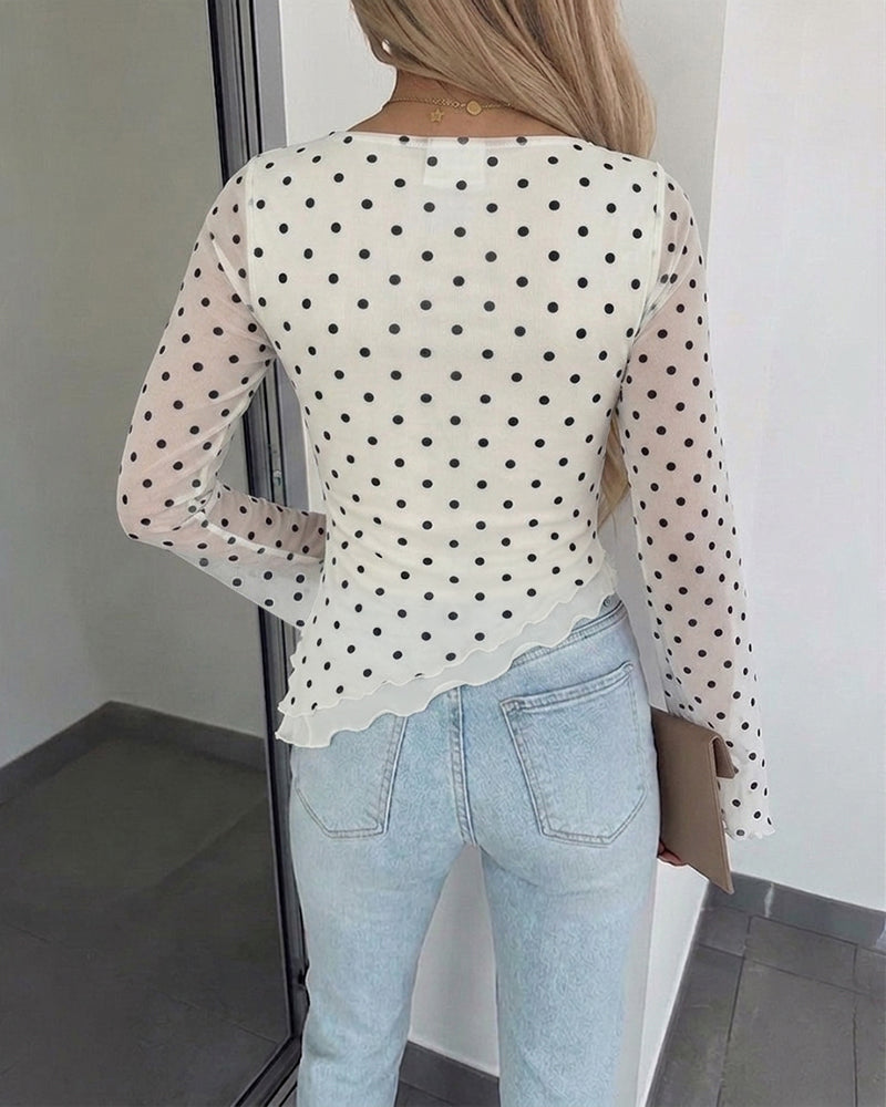 ChicMe Couture Womens Bell Sleeve Polka Dot Mesh Top Coffee Small