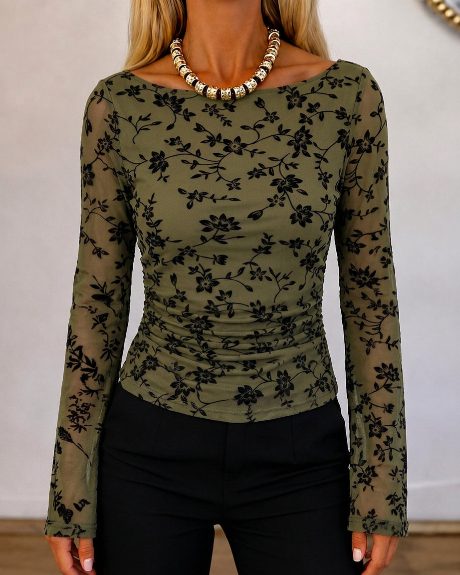 ChicMe Couture Women's Bell Sleeve Floral Mesh Top
