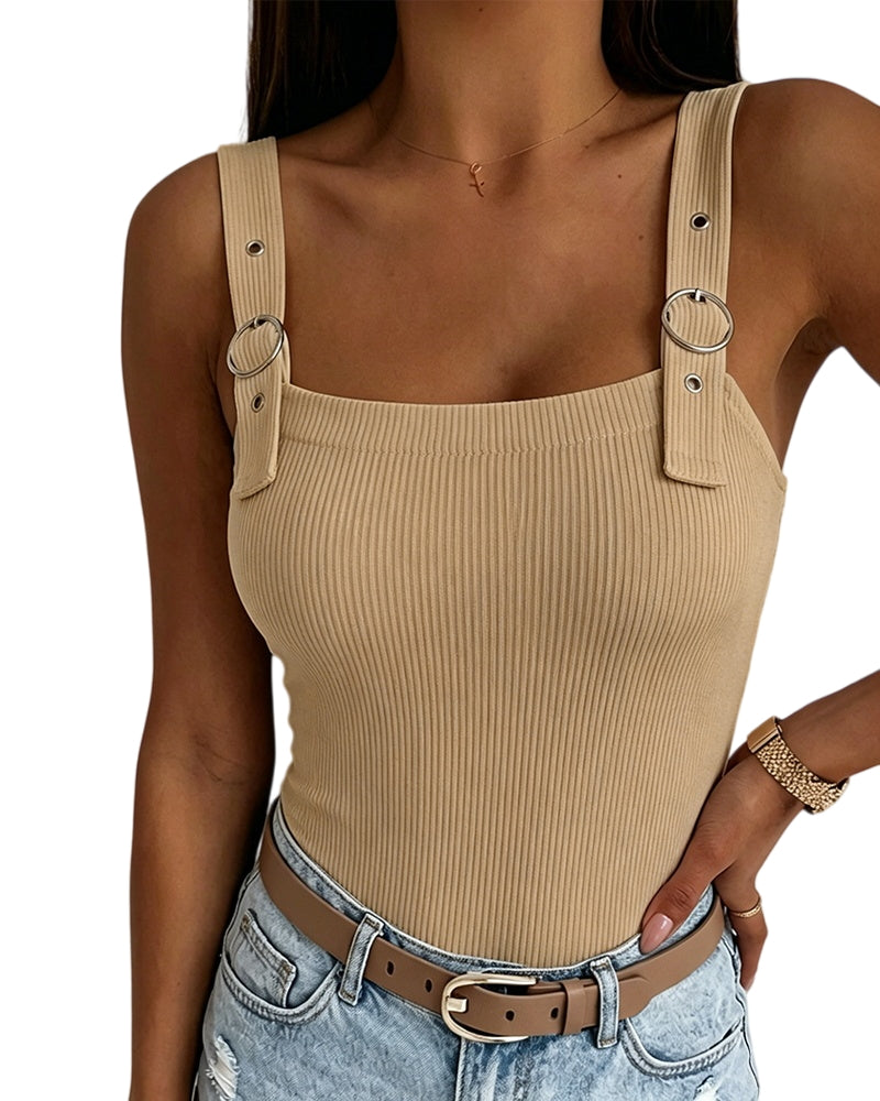 ChicMe Couture Tank Tops for Women Square Neck Ribbed Adjustable Strap Shirt Coffee Small