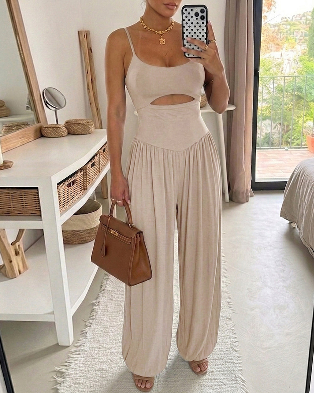 ChicMe Couture Wide Leg Jumpsuits for Women U Neck Cutout Tie Back Romper