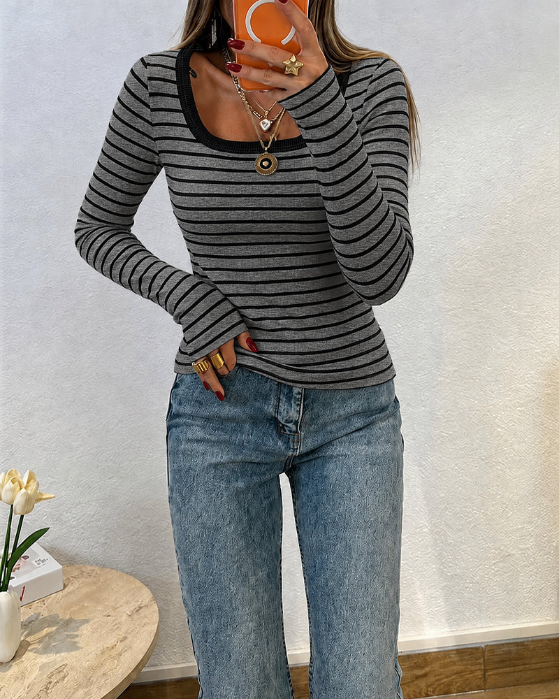 ChicMe Couture Women's Striped Long Sleeve U Neck Basic Tops