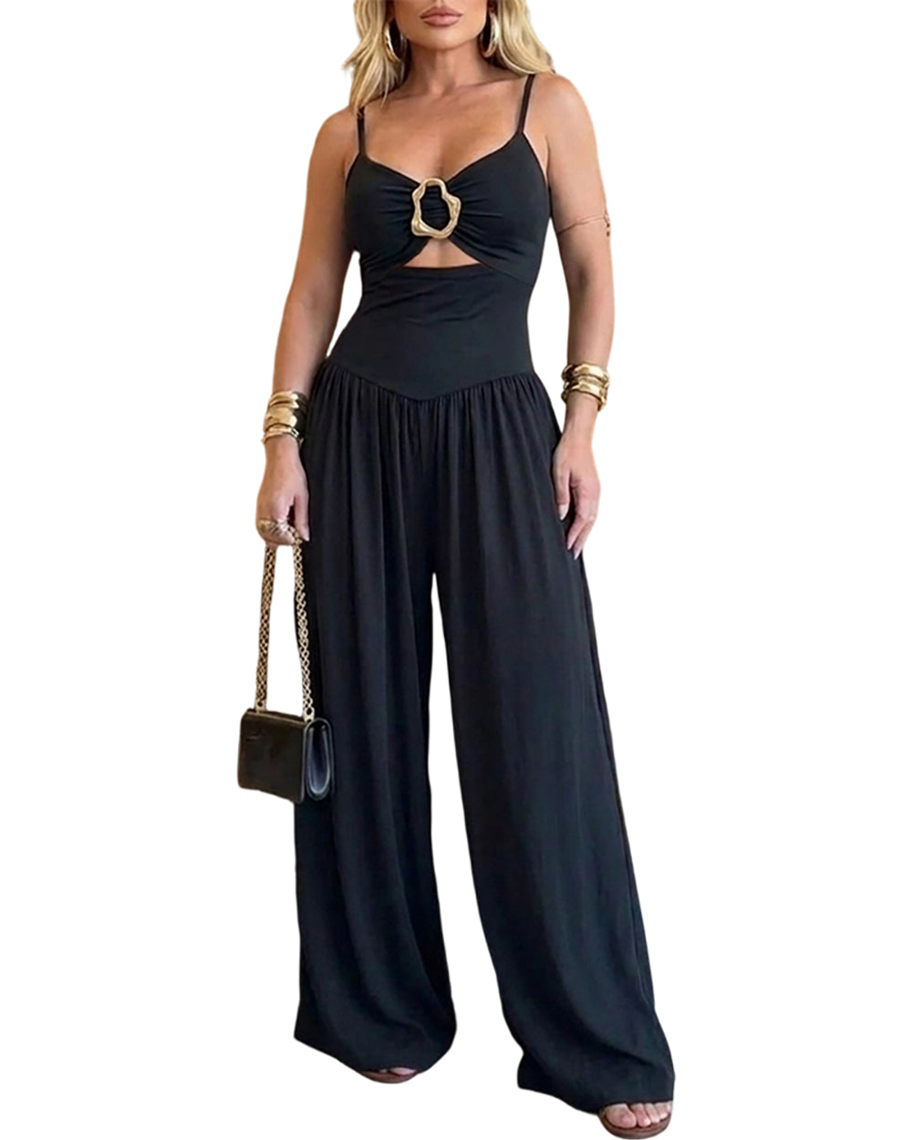 ChicMe Couture Women's Cutout Wide Leg Jumpsuit U-Neck Backless Summer Romper