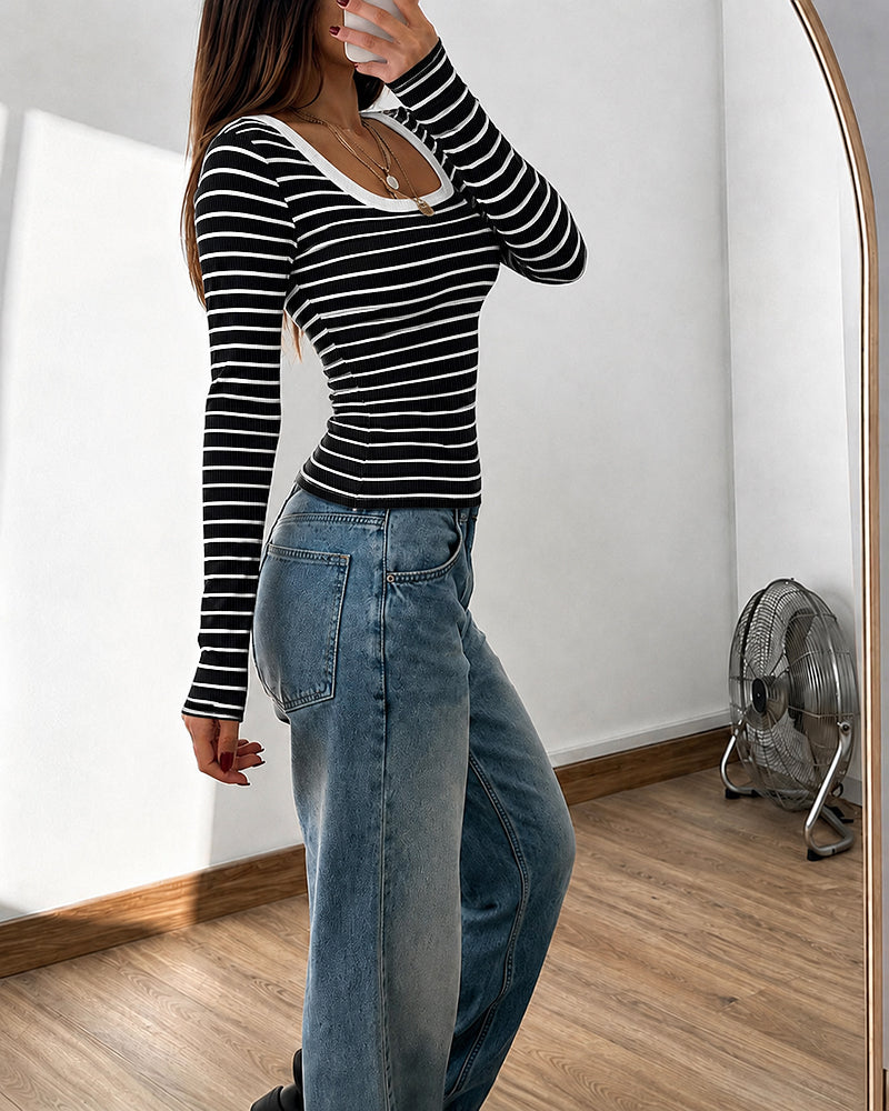ChicMe Couture Women's Striped Long Sleeve U Neck Basic Tops