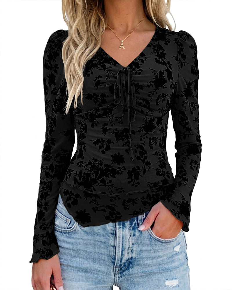 ChicMe Couture Women's Bell Sleeve Flocked Floral Mesh Top Lined Blouse Coffee Small