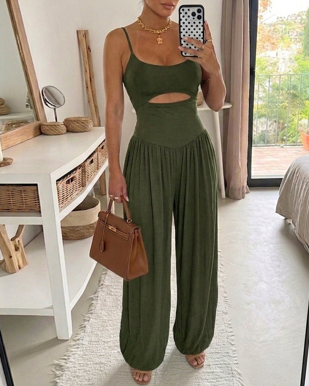 ChicMe Couture Wide Leg Jumpsuits for Women U Neck Cutout Tie Back Romper