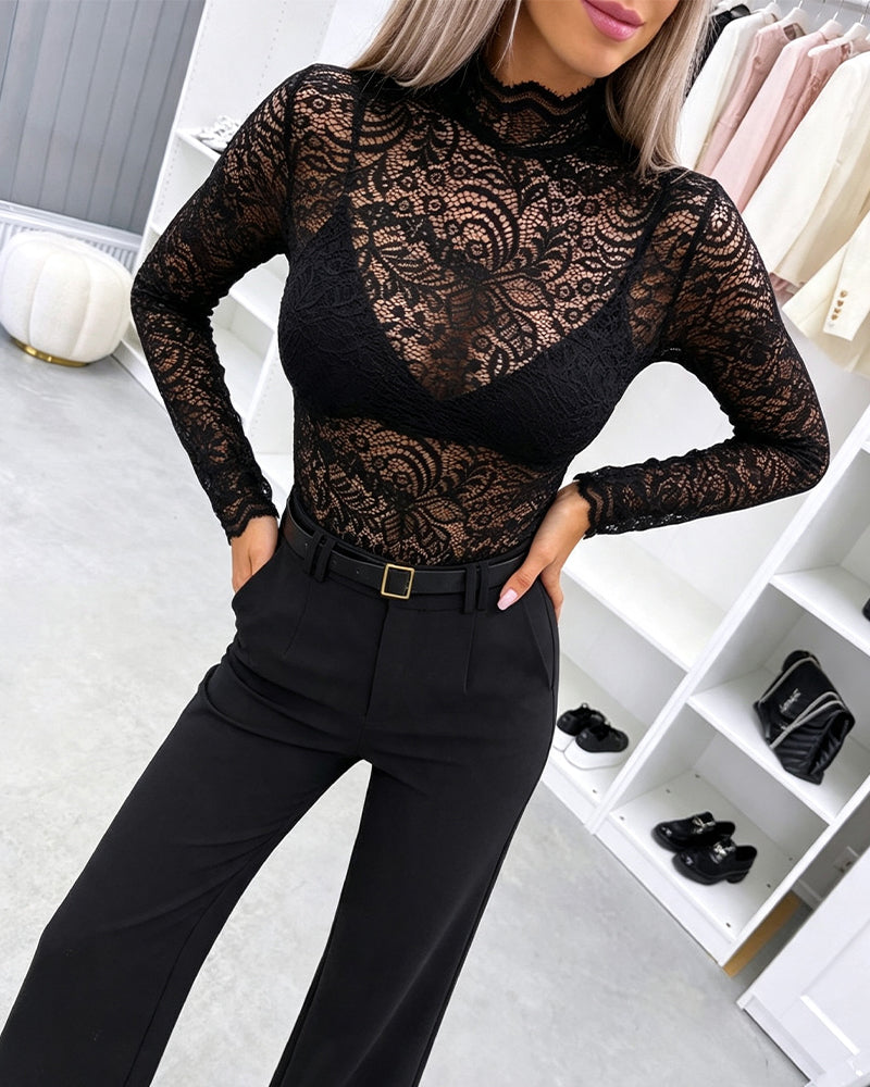 ChicMe Couture Women's Sheer Lace Mesh Long Sleeve Top