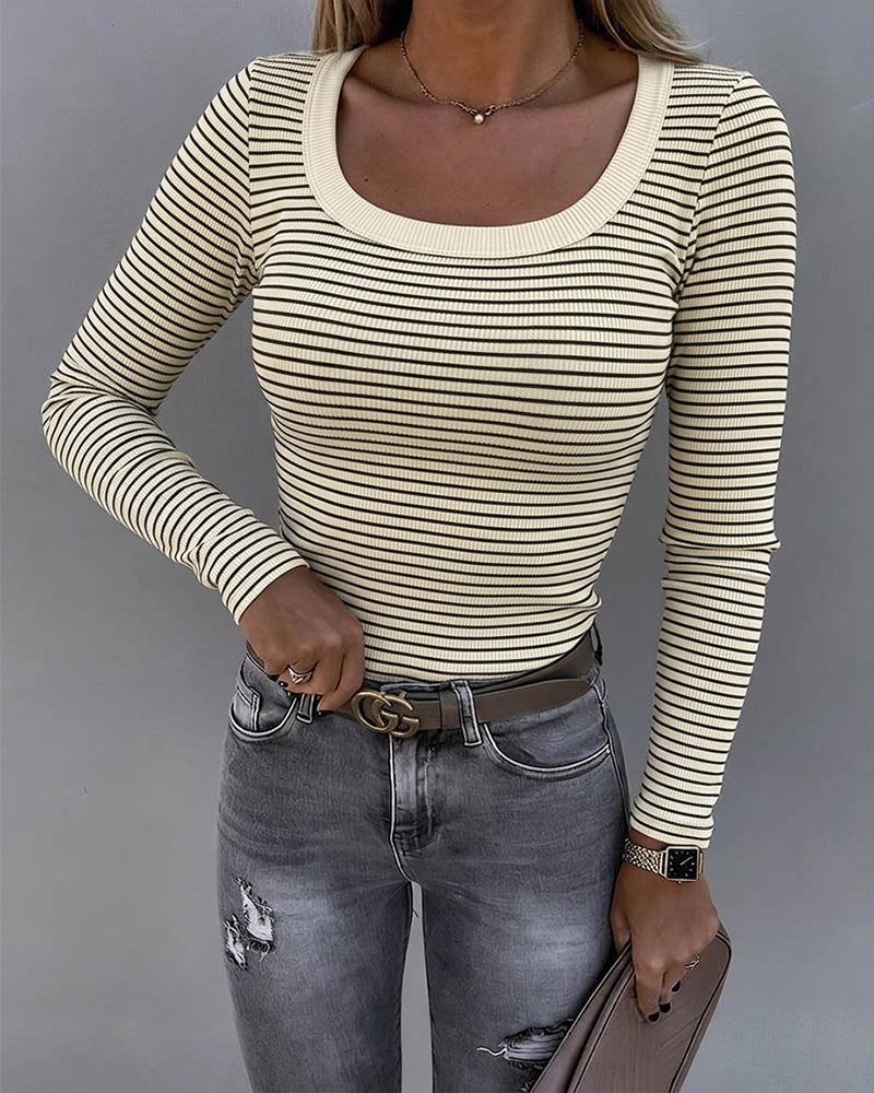 ChicMe Couture Womens Striped Long Sleeve U-Neck Top Casual Layering