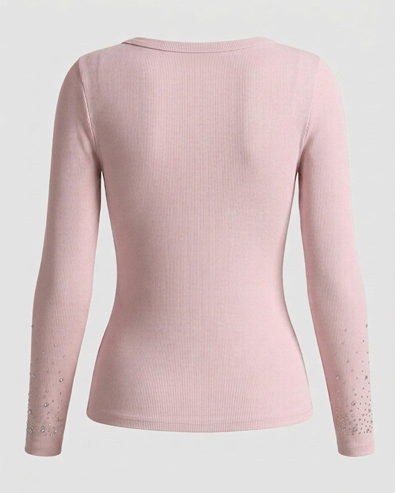ChicMe Couture Women's Rhinestone Long Sleeve Top Khaki Medium