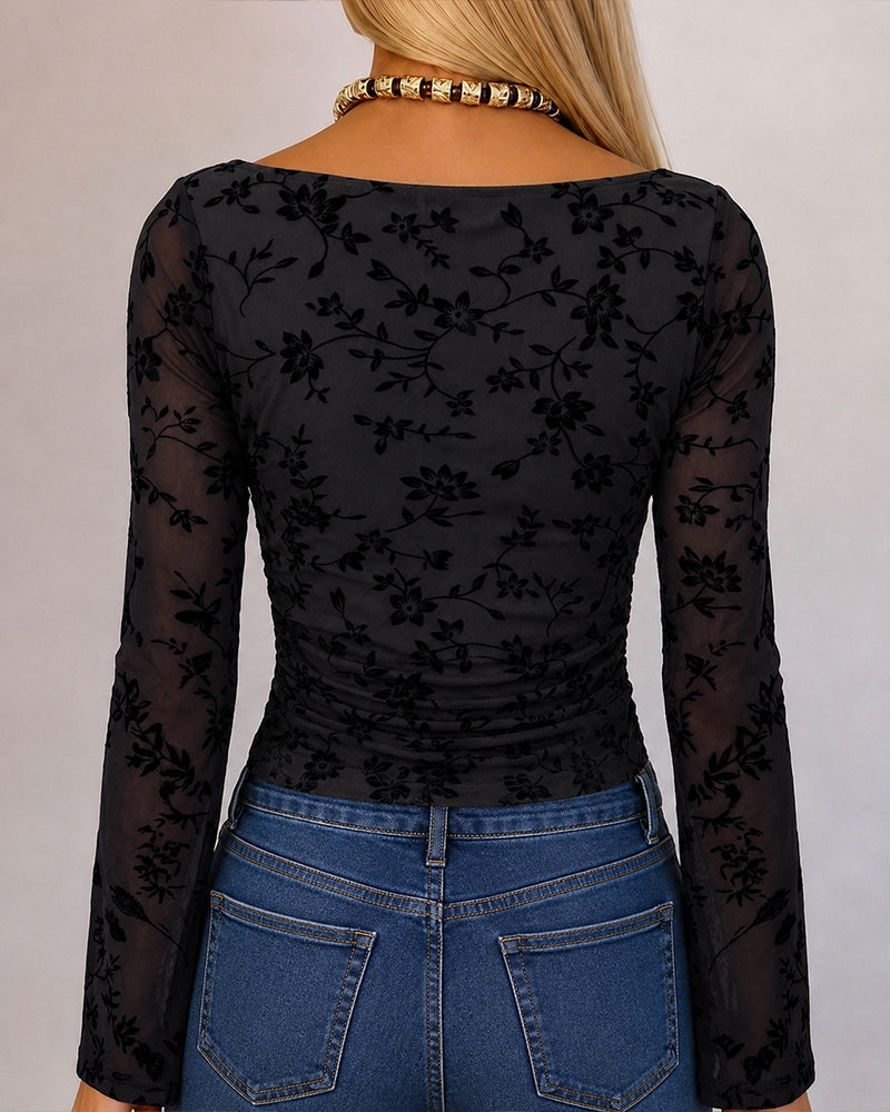 ChicMe Couture Women's Bell Sleeve Floral Mesh Top