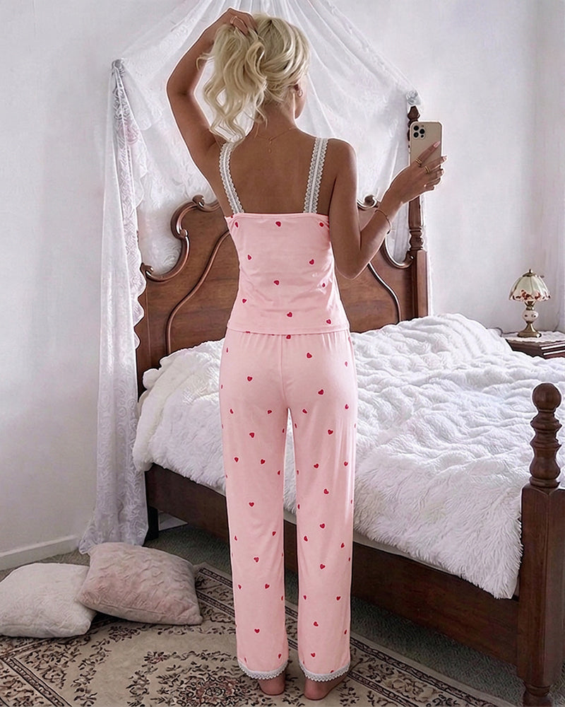 ChicMe Couture Women's Pajamas Set 2 Piece Ditsy Floral Print Lace Cami Top and Pants Loungewear with Pockets Sleepwear