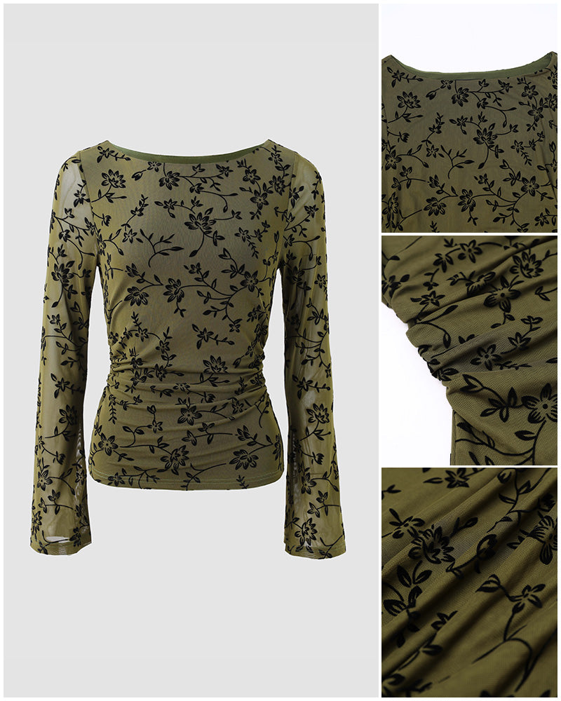 ChicMe Couture Women's Bell Sleeve Floral Mesh Top