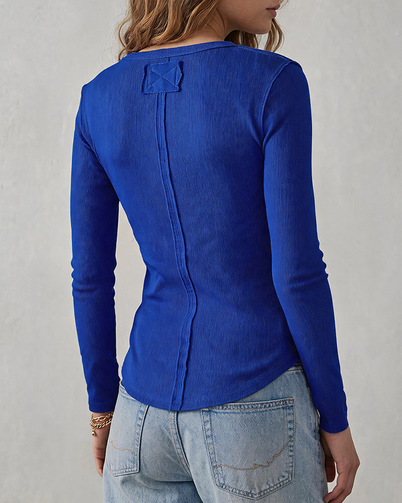 ChicMe Couture Women's Henley Long Sleeve Shirts Ribbed Button V Neck Top