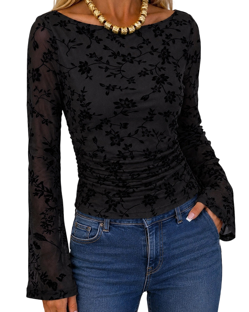 ChicMe Couture Women's Bell Sleeve Floral Mesh Top