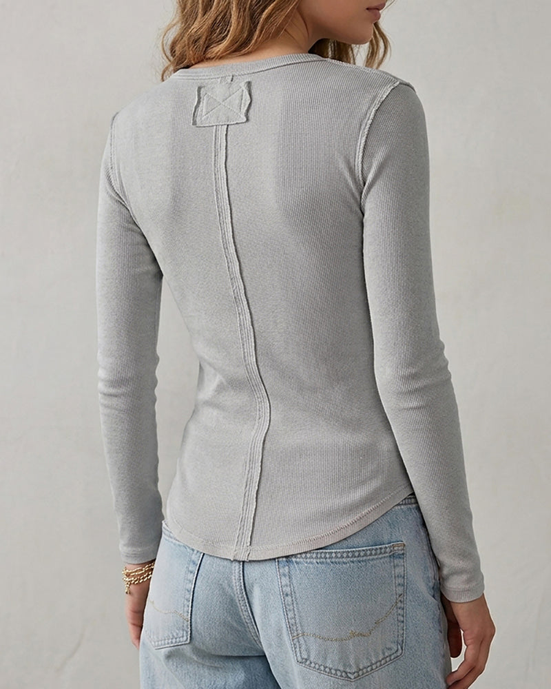 ChicMe Couture Women's Henley Long Sleeve Shirts Ribbed Button V Neck Top