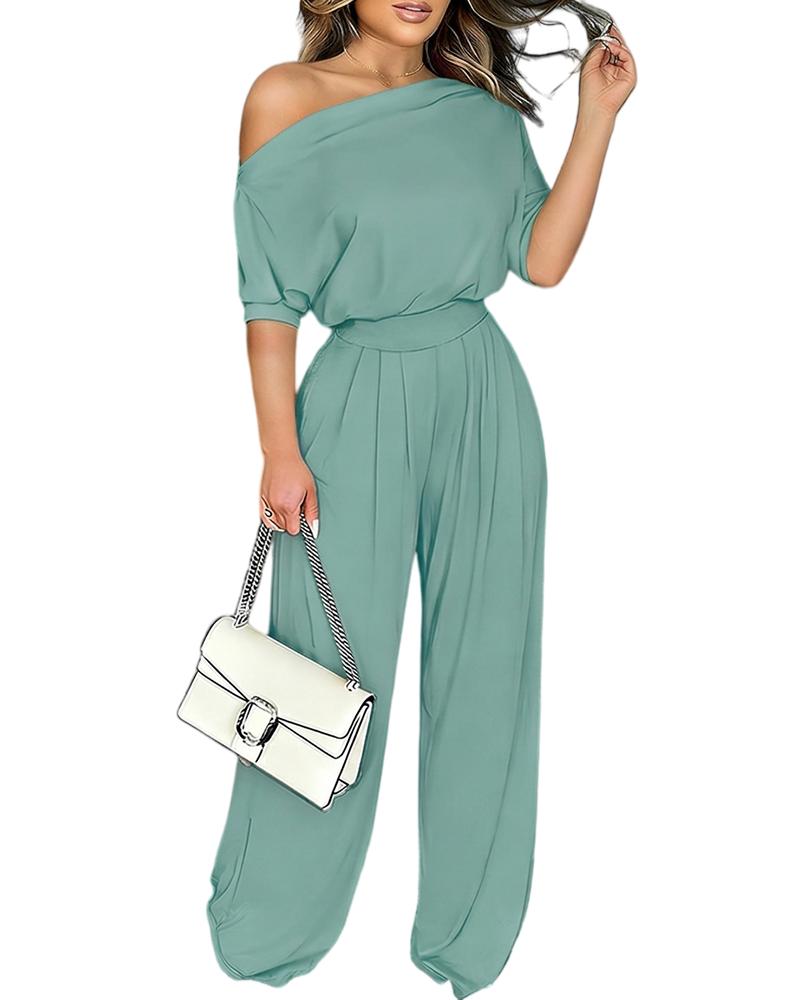 ChicMe Couture Women's One Shoulder Jumpsuit Batwing Sleeve High Waist Wide Leg Long Pants Rompers with Pockets